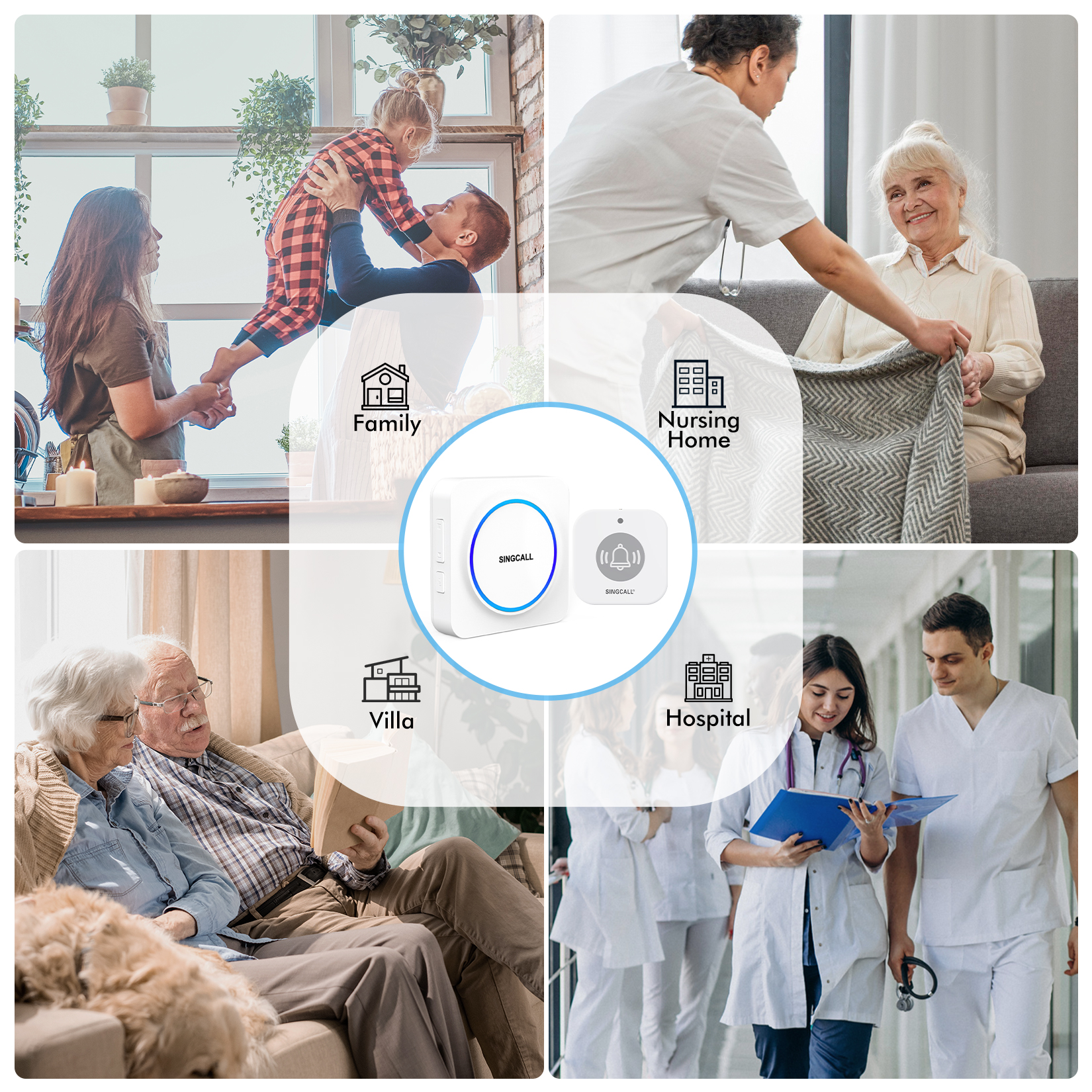 SINGCALL Wireless Caregiver Pager Panic Alarm System Personal Alarm for Elderly Patients Care Home 1 Rechargeable Portable Receiver with 2 Panic Call Button